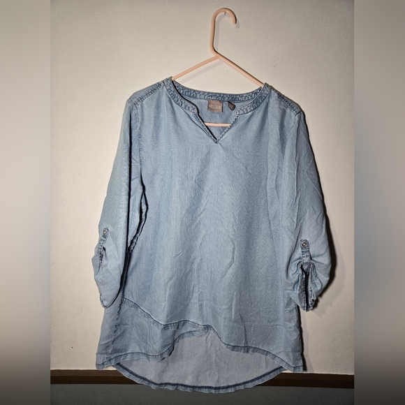 Chico's Tops - Chicos Womens 3/4 Length Sleeve Asymmetrical Denim Light Blue Top Size 2